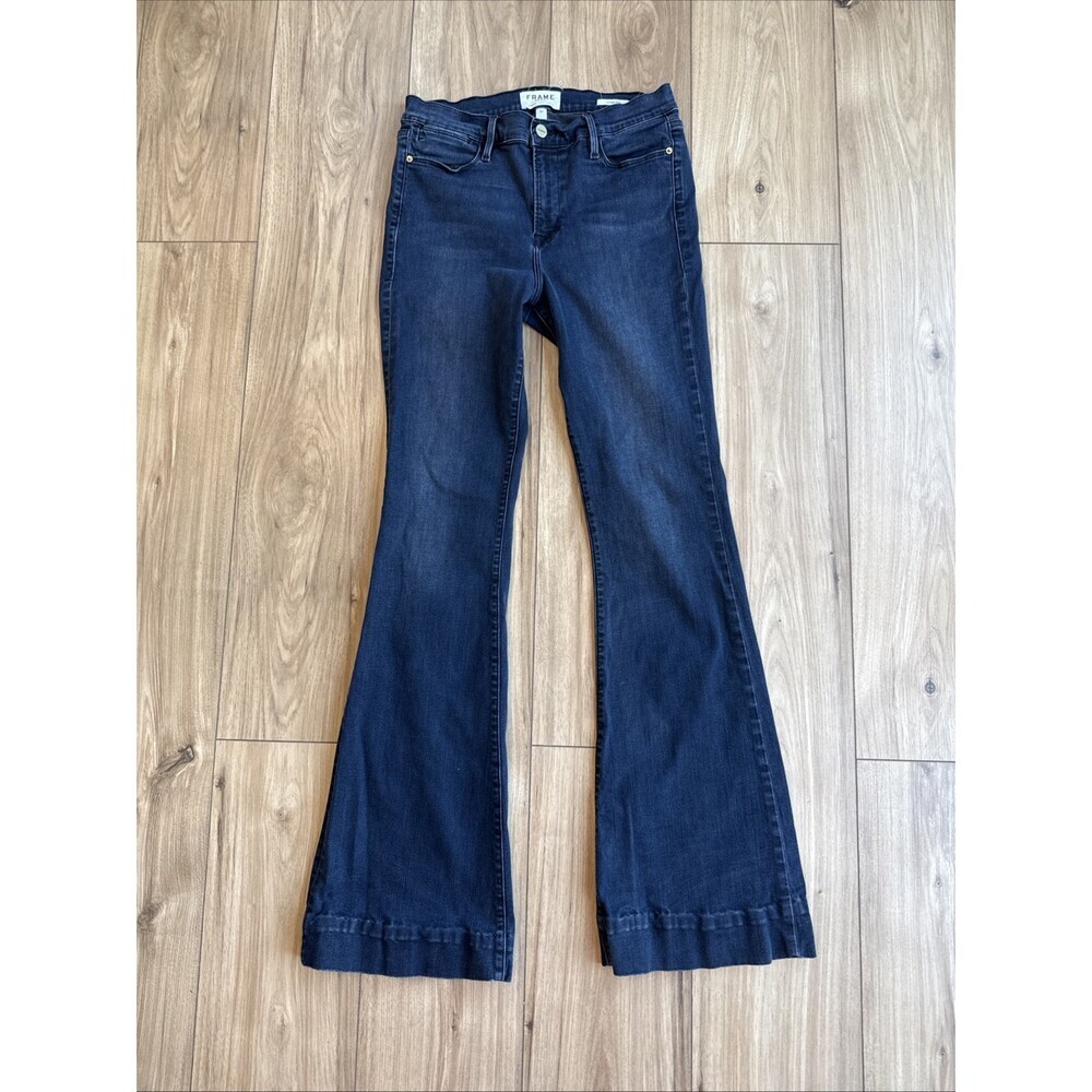 FRAME Denim Le High Flare Jeans Size 31 $238 Stretch Blue Dark Wash Boho Hippie